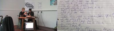 Split screen: on the left, Jon Beaton and Giacomo Blume performing \'Imaginary Translation\' at Campo\'s Mayday festival in Ghent. On the right a sheet of paper listing translated words in German.