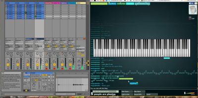 A split screen view of the Digital Audio Workstation Ableton on the left and the virtual piano of MultiPlayerPiano.com on the right.