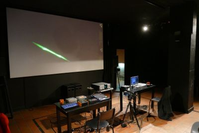 Jurgen De Blonde and Jon Beaton\'s performance setup in the light before the performance.