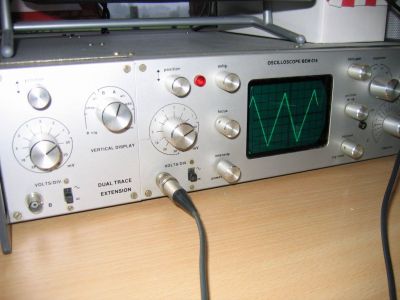An oscilloscope showing a sawtooth waveform.