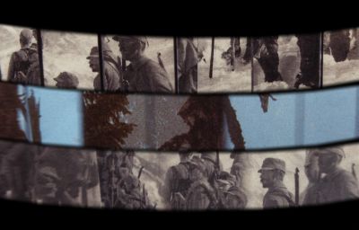 Still from Ship of Fools showing three animation strips depicting WWI soldiers and a blue sky in between.